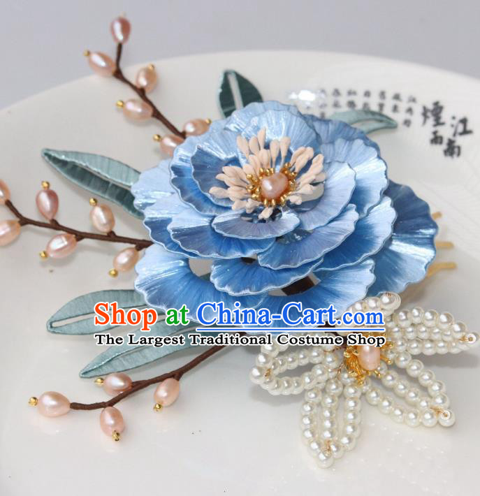 Chinese Traditional Ming Dynasty Princess Blue Peony Hair Comb Ancient Noble Woman Hairpin