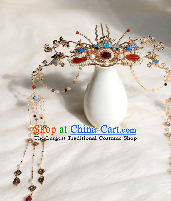 Chinese Ancient Palace Lady Pearls Tassel Hairpin Traditional Ming Dynasty Blueing Hair Crown