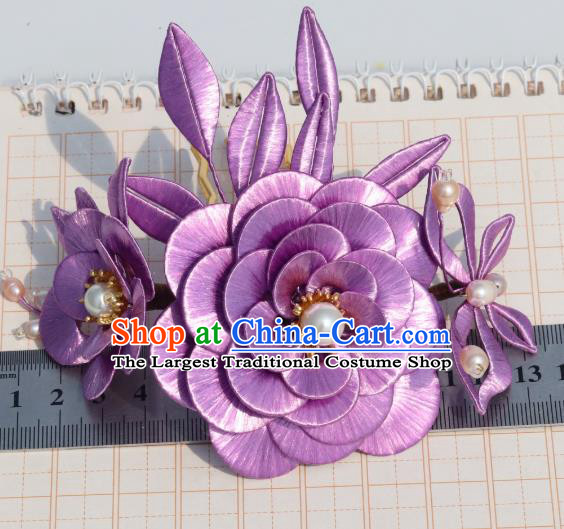 Chinese Traditional Hanfu Pearls Hair Comb Ancient Princess Lilac Camellia Hairpin