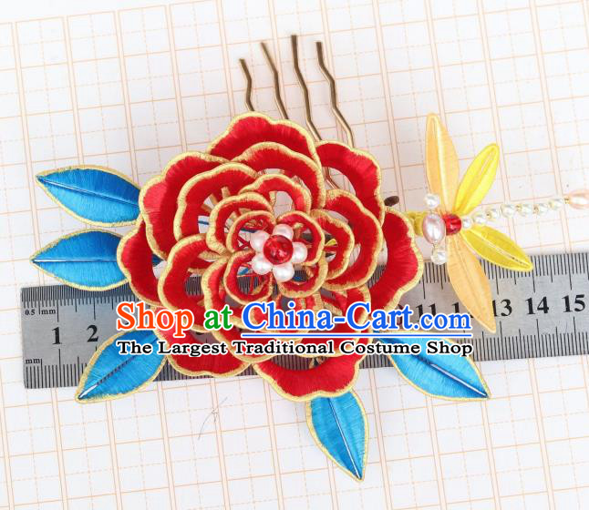 Chinese Ancient Pearls Dragonfly Hairpin Traditional Ming Dynasty Wedding Red Silk Peony Hair Comb Headwear