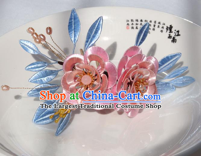 Chinese Ancient Palace Princess Hairpin Traditional Song Dynasty Pink Silk Camellia Hair Stick Headwear