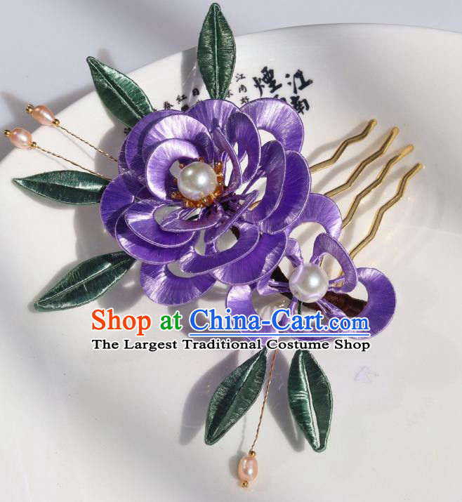 Chinese Ancient Hanfu Pearls Hairpin Traditional Ming Dynasty Princess Purple Silk Peony Hair Comb