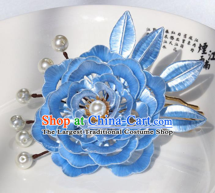 Chinese Traditional Tang Dynasty Imperial Concubine Blue Peony Hair Comb Ancient Court Lady Pearls Hairpin