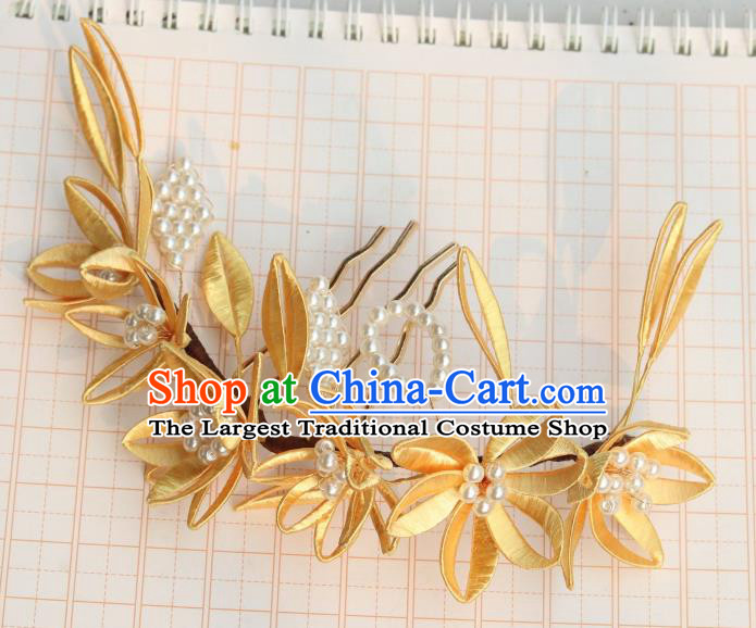 Chinese Ancient Ming Dynasty Empress Pearls Hairpin Handmade Yellow Silk Lily Flowers Hair Comb
