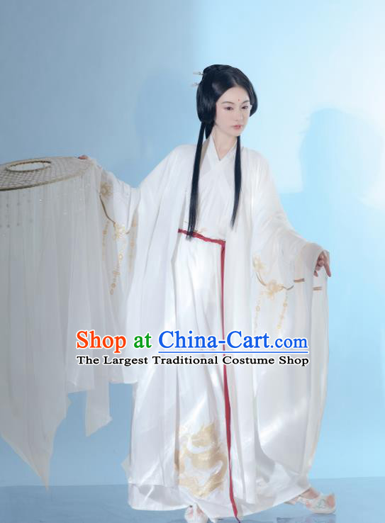 China Ancient Swordswoman White Hanfu Dress Clothing Traditional Jin Dynasty Princess Historical Costumes and Hat