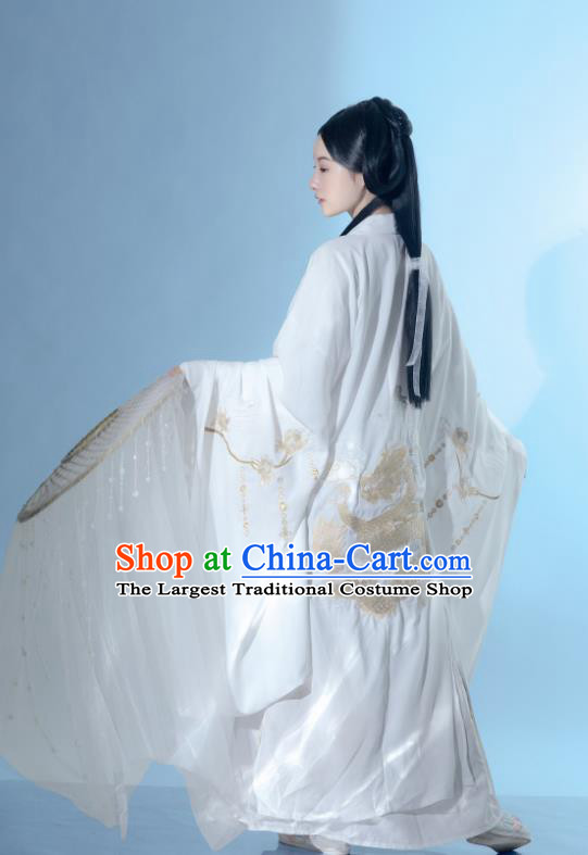 China Ancient Swordswoman White Hanfu Dress Clothing Traditional Jin Dynasty Princess Historical Costumes and Hat