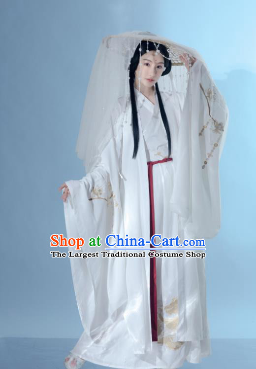 China Ancient Swordswoman White Hanfu Dress Clothing Traditional Jin Dynasty Princess Historical Costumes and Hat