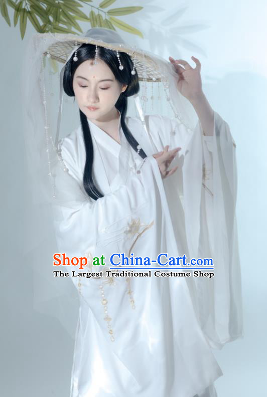 China Ancient Swordswoman White Hanfu Dress Clothing Traditional Jin Dynasty Princess Historical Costumes and Hat