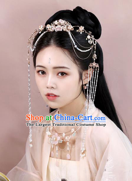 Chinese Ancient Noble Lady Golden Hairpin Traditional Ming Dynasty Princess Pearls Tassel Hair Crown