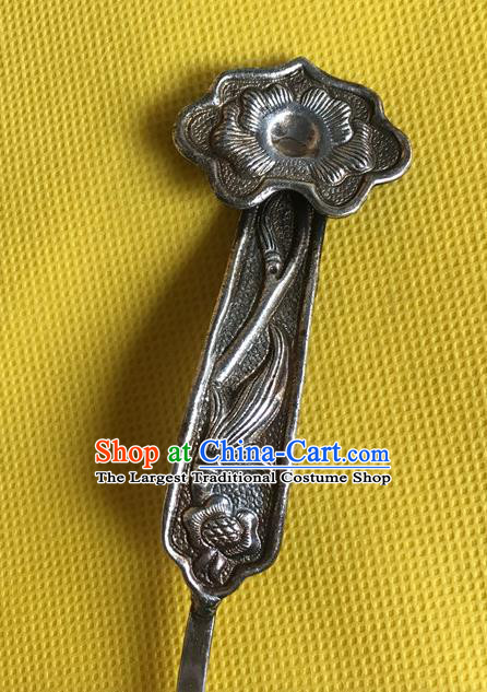 Chinese Ancient Palace Lady Hairpin Headwear Traditional Qing Dynasty Silver Carving Lotus Leaf Hair Stick