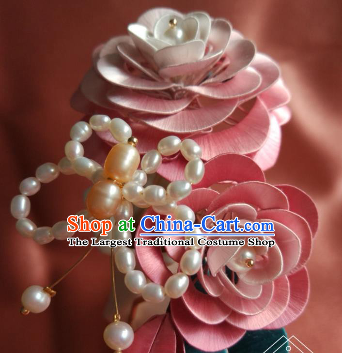 Chinese Ancient Princess Pearls Butterfly Hair Comb Traditional Ming Dynasty Hair Accessories Pink Silk Camellia Hairpin