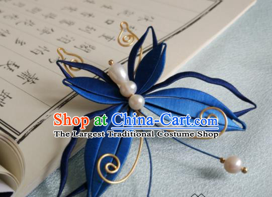 Chinese Ancient Princess Blue Silk Butterfly Hair Stick Traditional Pearls Hair Claw Ming Dynasty Hair Accessories