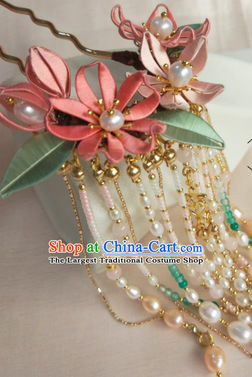 Chinese Traditional Pink Silk Epiphyllum Hairpin Song Dynasty Hair Accessories Ancient Princess Pearls Tassel Hair Clip
