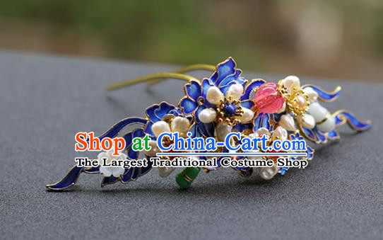 Chinese Ancient Court Woman Pearls Hairpin Traditional Ming Dynasty Blueing Hair Crown