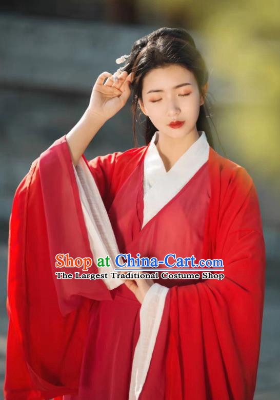 China Traditional Jin Dynasty Swordswoman Historical Clothing Ancient Princess Red Chiffon Hanfu Dress