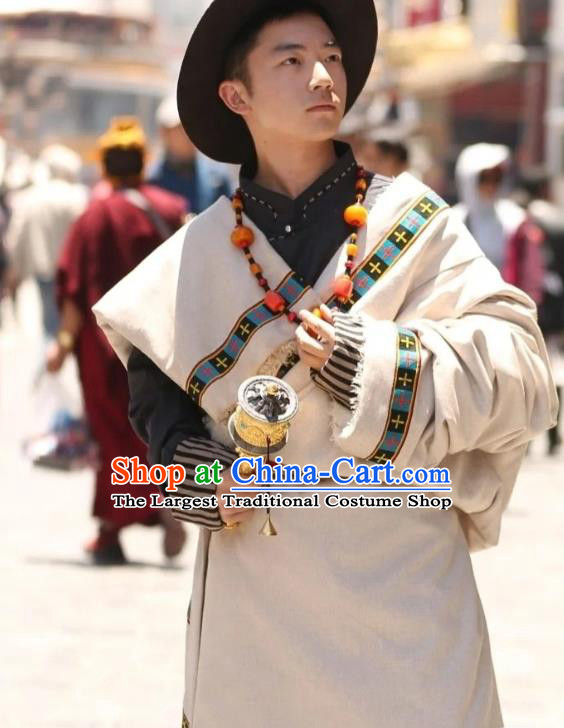 Chinese Xizang Ethnic Minority Beige Tibetan Robe Traditional Zang Nationality Folk Dance Costumes