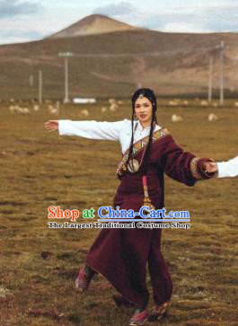 China Traditional Xizang Woman Wine Red Tibetan Robe Zang Nationality Stage Performance Clothing