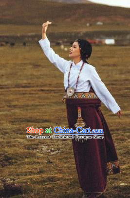 China Traditional Xizang Woman Wine Red Tibetan Robe Zang Nationality Stage Performance Clothing