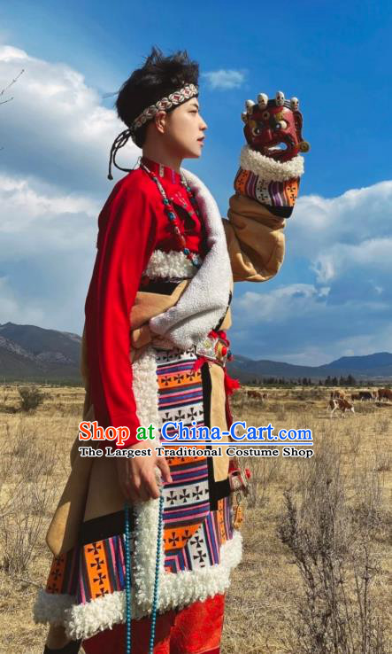 Chinese Xizang Ethnic Minority Khaki Tibetan Robe Traditional Zang Nationality Male Folk Dance Costumes