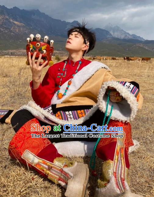 Chinese Xizang Ethnic Minority Khaki Tibetan Robe Traditional Zang Nationality Male Folk Dance Costumes