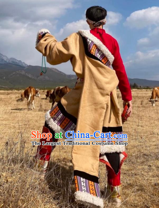 Chinese Xizang Ethnic Minority Khaki Tibetan Robe Traditional Zang Nationality Male Folk Dance Costumes