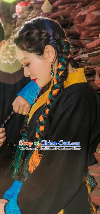 China Traditional Xizang Tibetan Minority Woman Costume Zang Nationality Black Brocade Bora Dress Clothing
