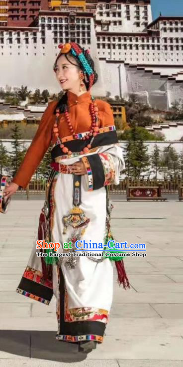 China Traditional Xizang Tibetan Minority Stage Performance Costume Zang Nationality Dance White Robe Clothing