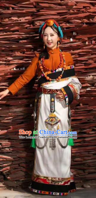 China Traditional Xizang Tibetan Minority Stage Performance Costume Zang Nationality Dance White Robe Clothing