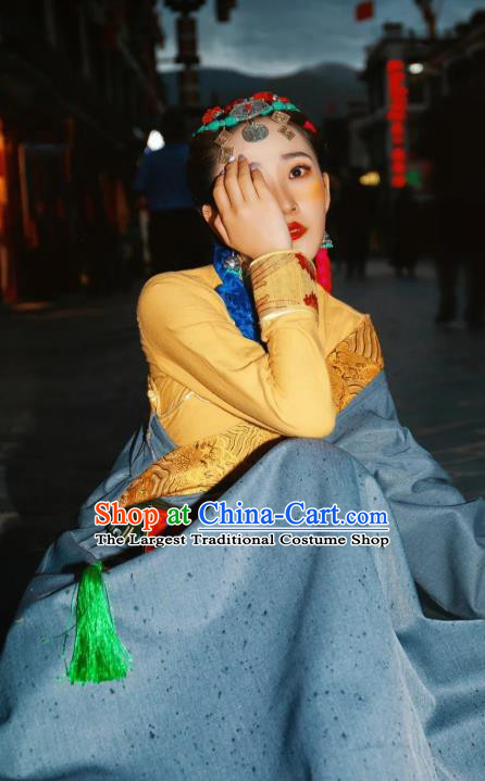 China Zang Nationality Woman Grey Robe Clothing Traditional Xizang Tibetan Minority Folk Dance Costume
