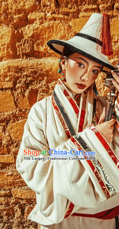 China Zang Nationality Stage Performance White Robe Clothing Traditional Xizang Tibetan Minority Female Costume