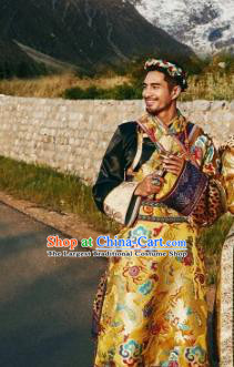 Chinese Xizang Ethnic Minority Golden Brocade Tibetan Robe Traditional Zang Nationality Male Costumes