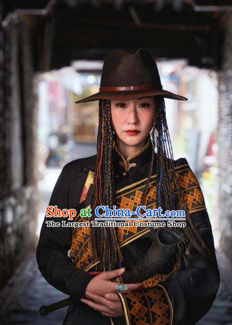 China Zang Nationality Black Bola Dress Traditional Xizang Tibetan Minority Stage Performance Clothing