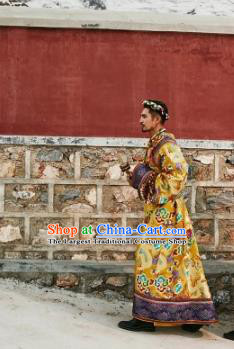 Chinese Xizang Ethnic Minority Golden Brocade Tibetan Robe Traditional Zang Nationality Male Costumes