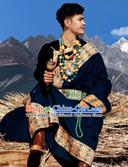Chinese Xizang Ethnic Minority Wedding Royalblue Tibetan Robe Traditional Zang Nationality Stage Performance Costumes