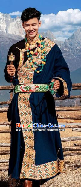 Chinese Xizang Ethnic Minority Wedding Royalblue Tibetan Robe Traditional Zang Nationality Stage Performance Costumes
