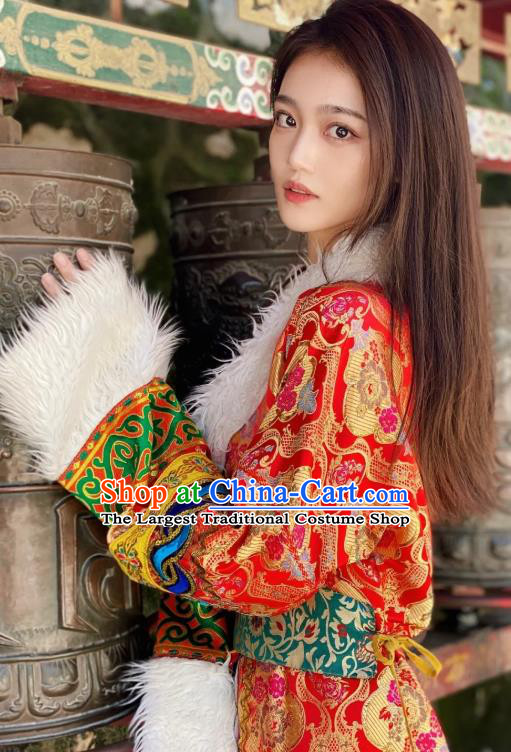 China Zang Nationality Wedding Red Brocade Robe Traditional Xizang Tibetan Minority Bride Clothing