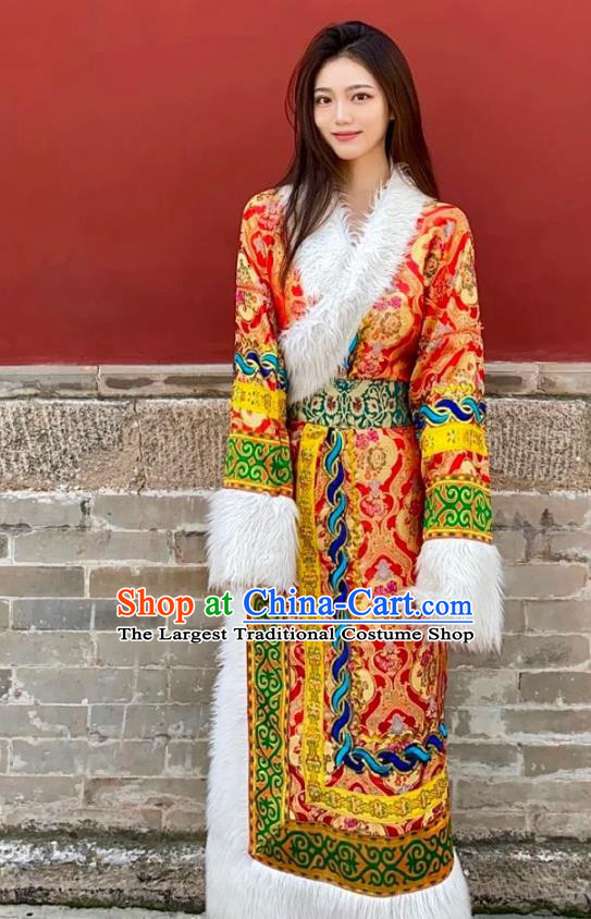 China Zang Nationality Wedding Red Brocade Robe Traditional Xizang Tibetan Minority Bride Clothing