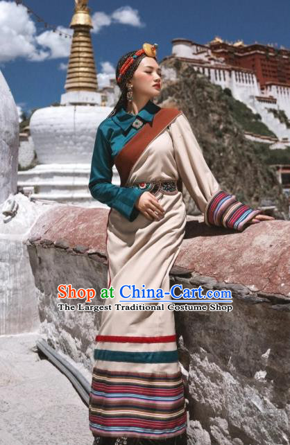 China Zang Nationality Female Blouse and Beige Robe Traditional Xizang Tibetan Minority Folk Dance Clothing