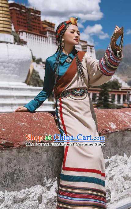 China Zang Nationality Female Blouse and Beige Robe Traditional Xizang Tibetan Minority Folk Dance Clothing