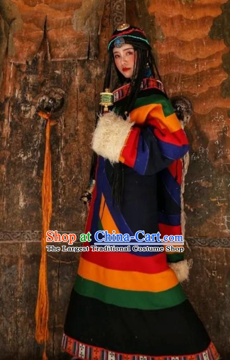 China Zang Nationality Colorful Woolen Robe Traditional Xizang Tibetan Minority Stage Performance Clothing