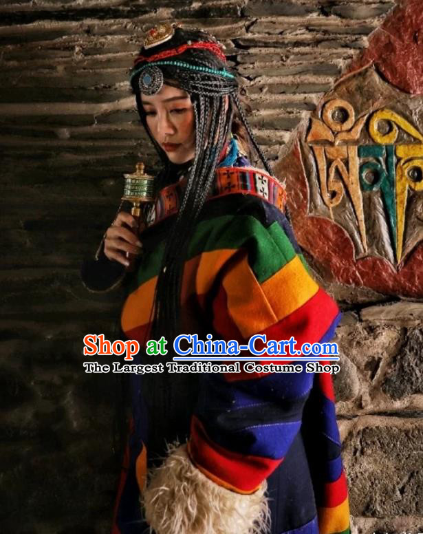 China Zang Nationality Colorful Woolen Robe Traditional Xizang Tibetan Minority Stage Performance Clothing