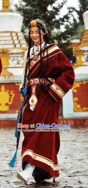 China Zang Nationality Wedding Red Woolen Robe Traditional Xizang Tibetan Minority Folk Dance Clothing