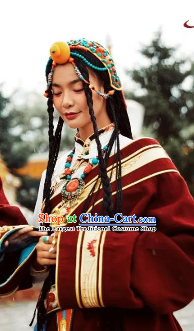 China Zang Nationality Wedding Red Woolen Robe Traditional Xizang Tibetan Minority Folk Dance Clothing