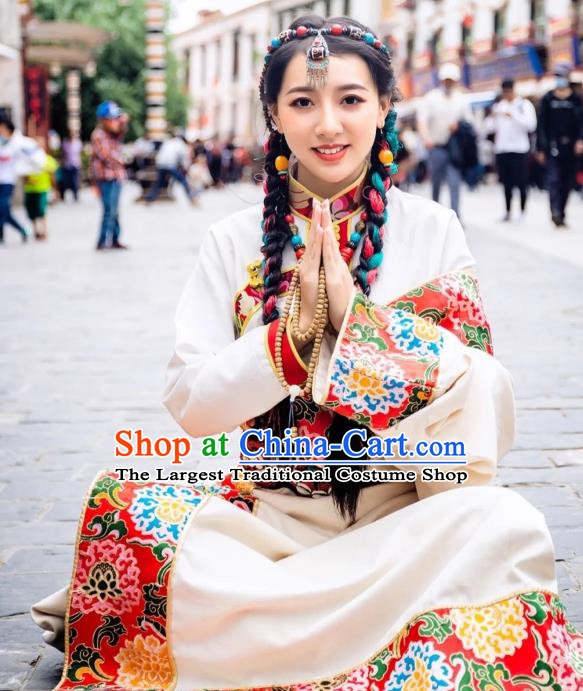 China Zang Nationality Folk Dance White Robe Traditional Xizang Tibetan Minority Young Lady Clothing