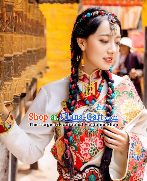 China Zang Nationality Folk Dance White Robe Traditional Xizang Tibetan Minority Young Lady Clothing