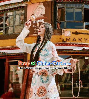 China Traditional Xizang Tibetan Minority Young Lady Clothing Zang Nationality Folk Dance Beige Brocade Robe