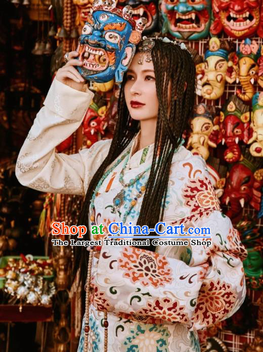 China Traditional Xizang Tibetan Minority Young Lady Clothing Zang Nationality Folk Dance Beige Brocade Robe
