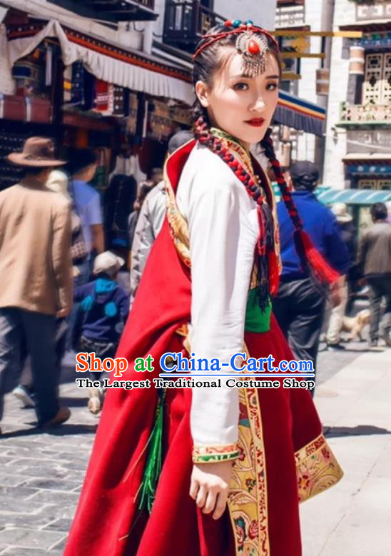 China Traditional Xizang Tibetan Minority Stage Performance Clothing Zang Nationality Folk Dance White Shirt and Red Robe