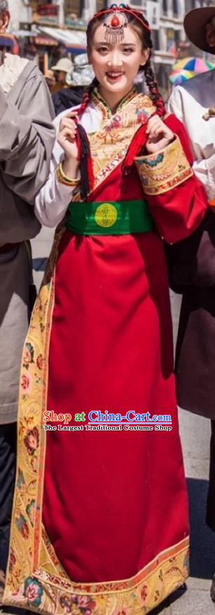 China Traditional Xizang Tibetan Minority Stage Performance Clothing Zang Nationality Folk Dance White Shirt and Red Robe