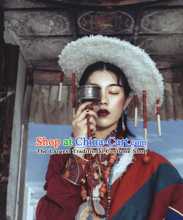 China Zang Nationality Dark Red Woolen Robe Traditional Xizang Tibetan Minority Wedding Bride Clothing